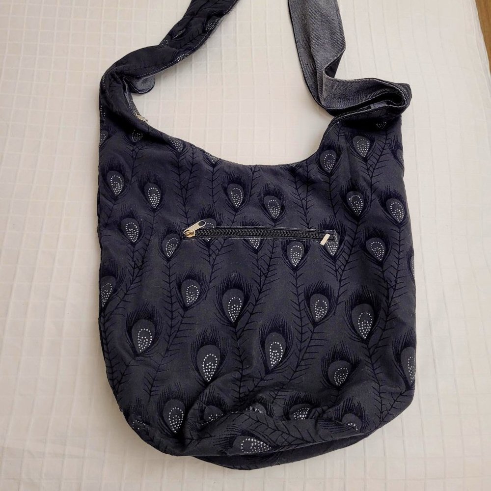 Large black tote bag with peacock feather design